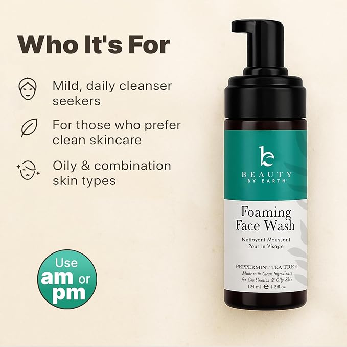 Beauty by Earth Foaming Face Wash Cleanser – Natural & Organic Ingredients, Vegan Facial Wash, Gentle Daily Cleanser for Sensitive, Oily & Acne Prone Skin, Made in USA