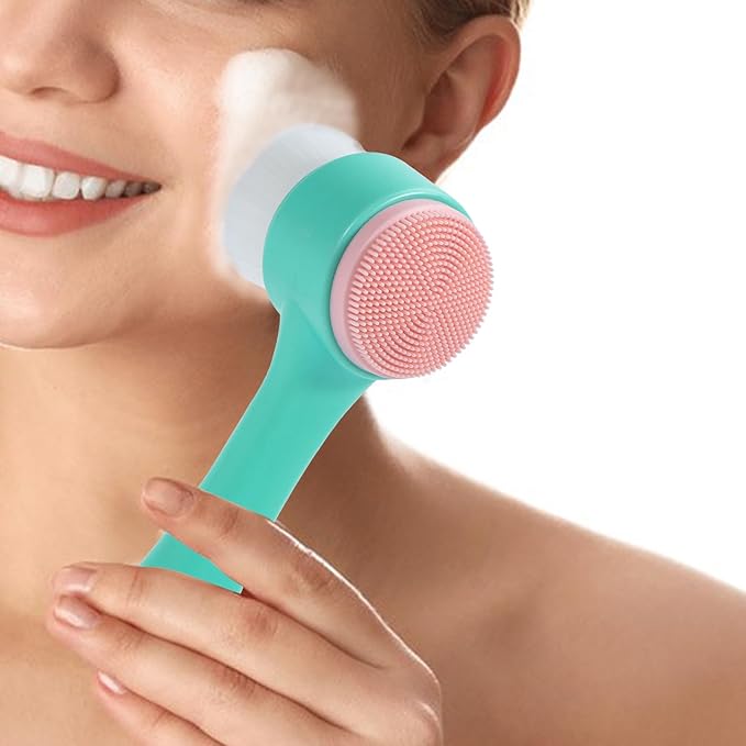 Face Brush 2 in 1, Facial Cleansing Exfoliating Brush with Ultra Fine Soft Bristles for Pore Deep Cleansing Silicone Double Side Face Wash Scrub Brush for Skin Care, Green