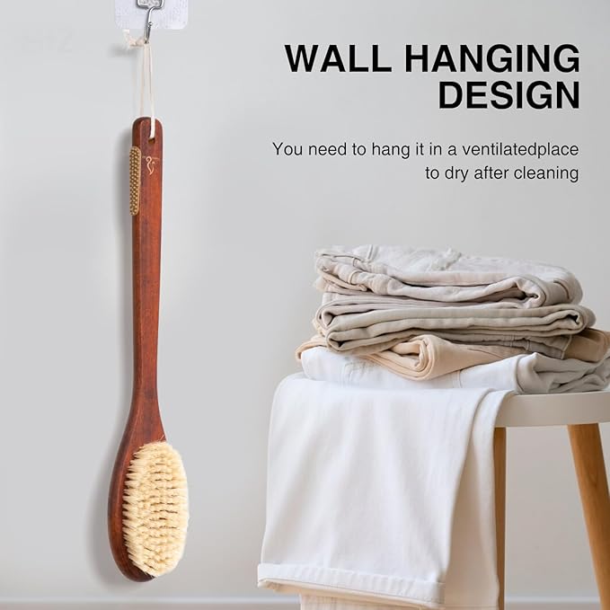 Wooden Bath Brush with Gentle Bristles Long Handle for Shower Back Scrubber Body Exfoliator (Gental Boar Bristle)