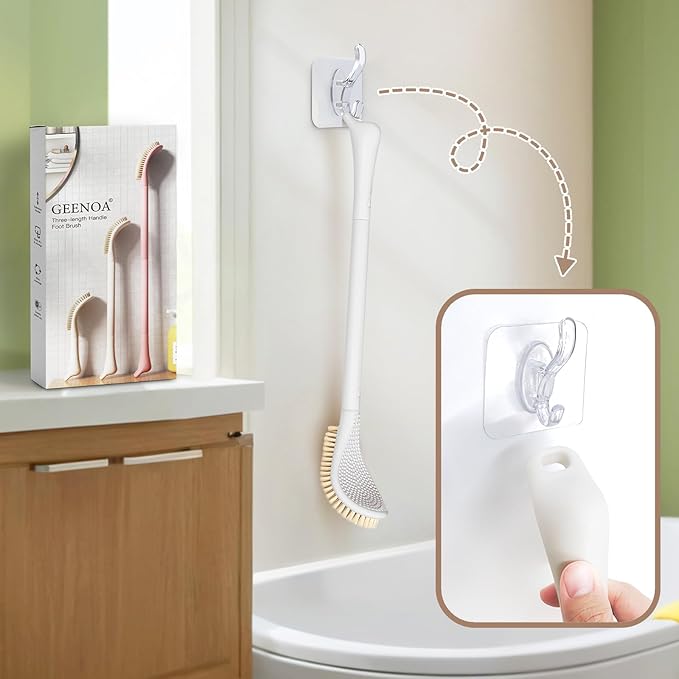 New Foot Brush & Foot File Set(2PCS), 3-in-1 Foot Scrubber in Shower, 10.2’’-27.5’’Adjustable Long Handle Foot Scrub Brush and Upgrade Foot File Callus Remover, Gift-Box Packed(White Set)