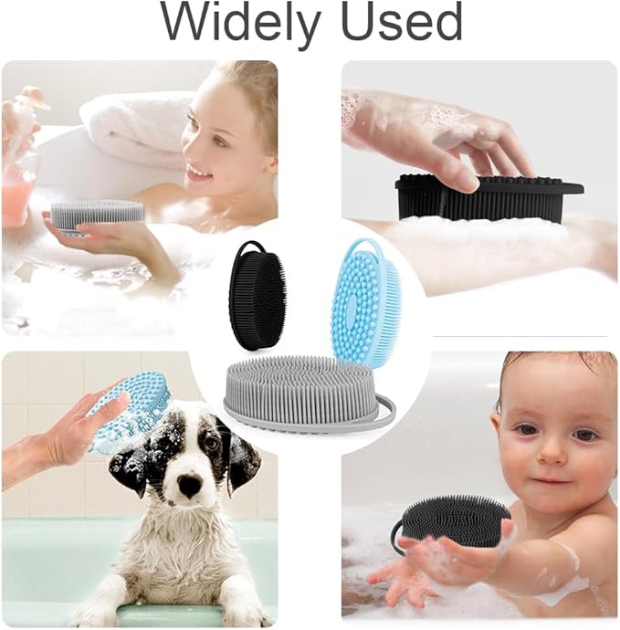 Soft Silicone Body Scrubber 3 PCS Silicone Body Shower, Silicone Loofah 2 in 4 Bath and Shampoo Brush, Body Scrubber Shower Cleaning Exfoliating Use,Lather Well, Black,Blue,Grey
