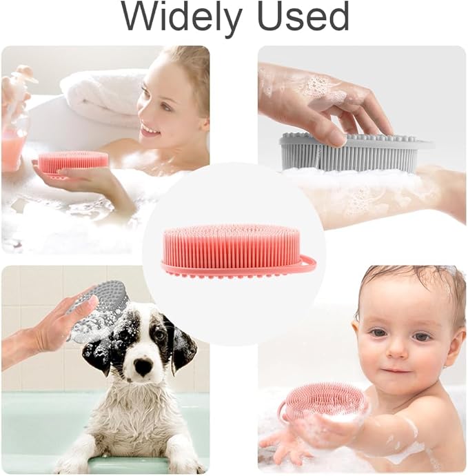 Silicone Body Scrubber, Exfoliating Silicone Loofah, Soft Silicone Body Shower, 2 in 1 Bath and Shampoo Brush, Body Scrubber Shower Cleaning for Sensitive Skin, Lather Well 2 PCS Grey and Pink
