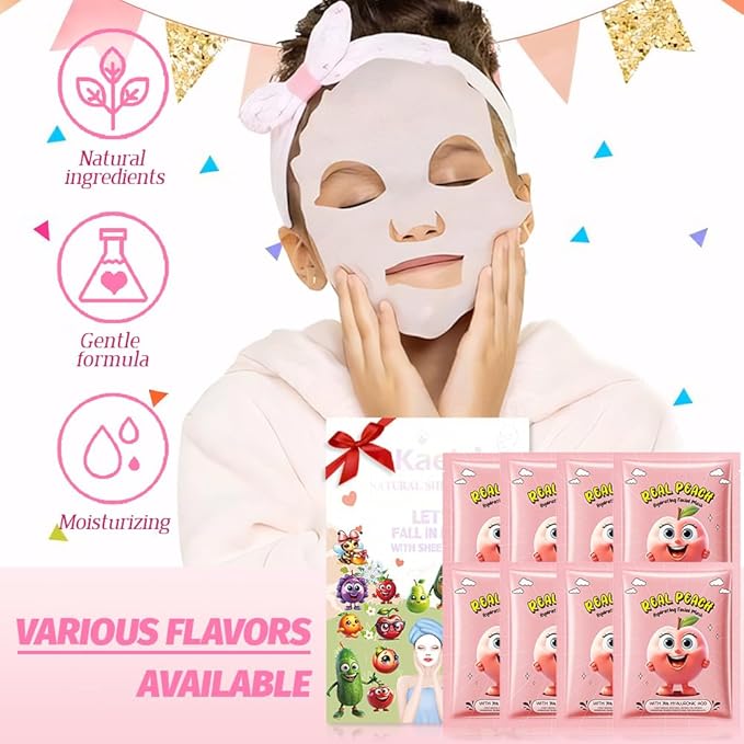 8 PCS Real Hydrating Nature Face Masks Skincare, Hyaluronic Acid, Vitamin C and E, Chamomile, Korean Beauty Essence Facial Paper Sheet Mask for Skin Care Moisturizing (Peach)