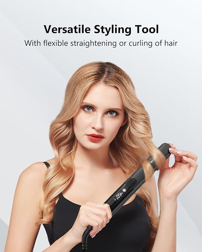 Hair Straightener 1 Inch Flat Iron and Curler 2 in 1 Titanium Ceramic Ionic Dual Voltage Straightener with Heat-Resistant Silicone, for Less Frizz, Shinier & Smoother