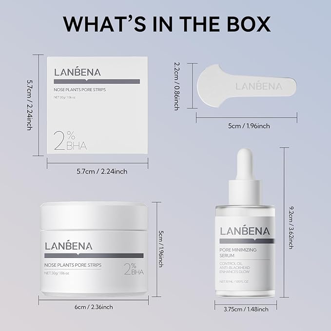 LANBENA 3-in-1 Blackhead Removal Set - Pore Strips (30g), Pore Minimizing Serum (30ml) & Removal Paper - Mask for Face, Minimizes Pores & Leaves Skin Fresh & Clean, Blackhead Remover