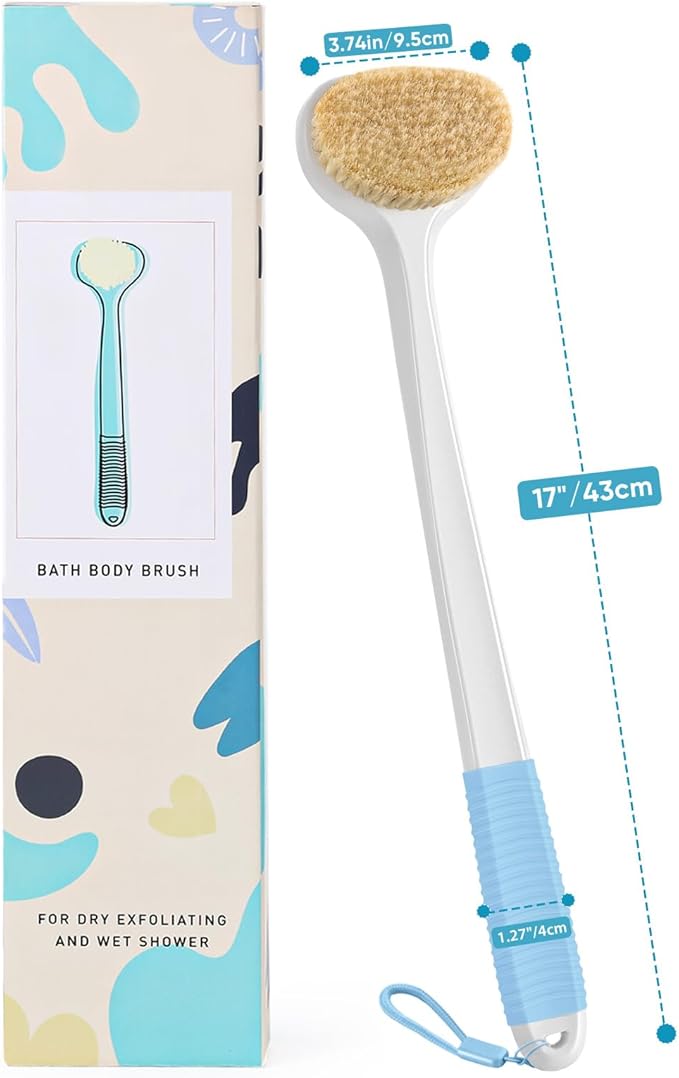 Back Scrubber for Shower with 17" Long Handle, Non-Slip Grip Dry Brushing Body Brush, Natural Boar Bristles Shower Brush for Lymphatic Drainage, for Men & Women Use - White with Blue Handle