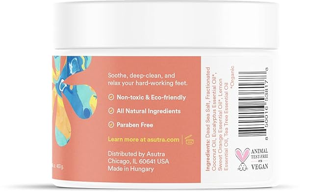 ASUTRA Invigorating and Therapeutic Foot Soak + Pedicure Pumice Stone (Dead Sea Salt w/Tea Tree & Citrus Oils), 16 oz - Helps to Soften Calluses, Corns, and Cracked Feet