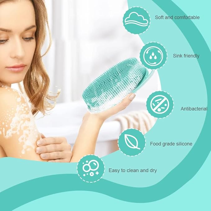 Soft Silicone Body Scrubber 2 PCS Silicone Body Shower, Silicone Loofah 2 in 1 Bath and Shampoo Brush, Body Scrubber Shower Cleaning Exfoliating Use for Sensitive Skin, Lather Well(Black and Green)