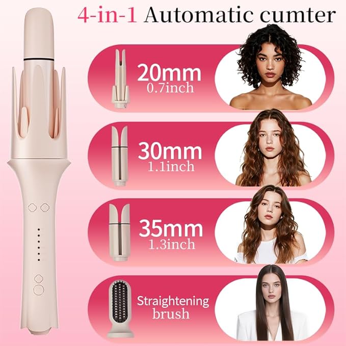 Automatic Curling Iron Set, Hair Curler & Straightening Comb, 4-in-1 Beach Wave Curling Wand with 3 Ceramic Barrel & 1 Hair Straightener Brush, 3 Temp, Timer, Negative Ions