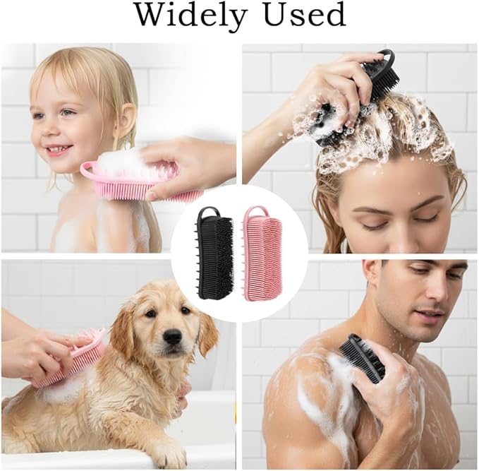 2 PCS Soft Silicone Body Scrubber, 2 in 1 Exfoliating Shower Bath Scrubber, Silicone Loofah Bath and Shampoo Brush Body Shower Use Shower Hair Scalp Massager, Easy to Clean, Lather Well (Black&Pink)