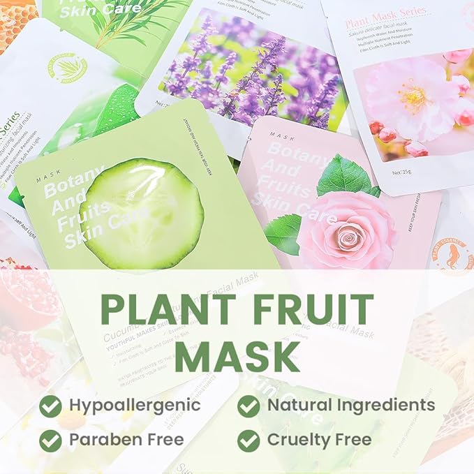 12 Pack Various Plants Face Sheet Mask Skincare,Hydrating Face Mask For Sensitive Skin,Moisturize,Soothing,Nourish for All Skin Types,Natural Spa Party Facial Mask Skincare Set for Women Men Girls