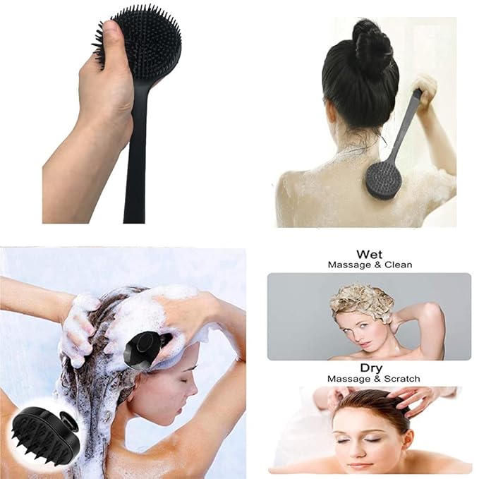Silicone Body Scrubber & Scalp Massager, Long Handle Shower Brush, Exfoliating Scrubber for Men, Women & Kids