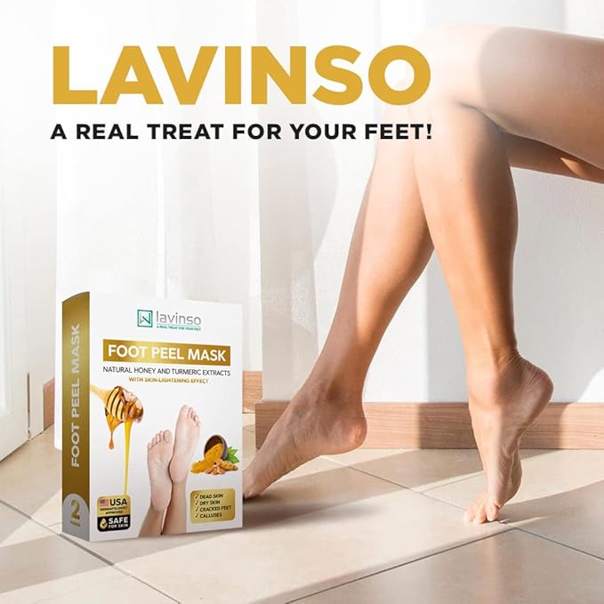 Lavinso Foot Peeling Mask Extra Strength - 2 Pack - Feet Mask for Dry Cracked Feet and Callus - with Honey and Turmeric