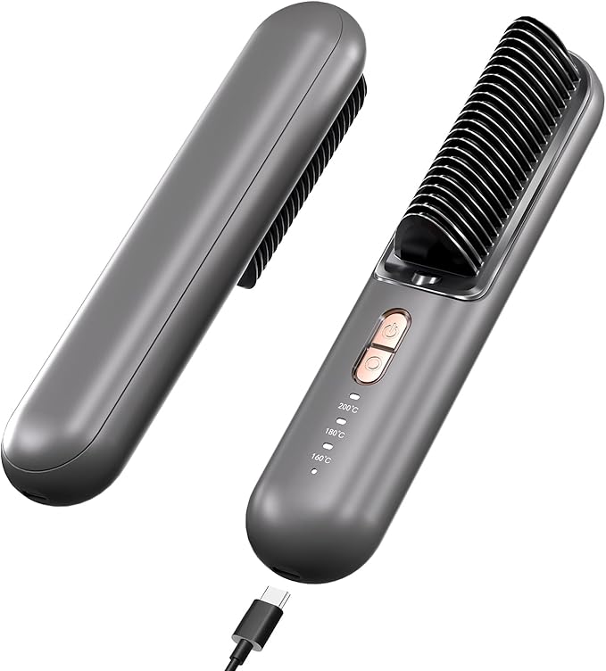 Cordless Hair Straightener Brush Portable Mini USB-C Hair Straightening Comb Anti-Scald Rechargeable Hot Hair Dryer Straightener Brush for Girls Women for Travel Styling