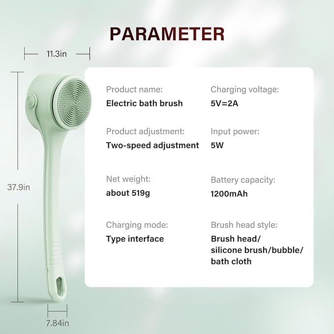 Electric Body Brush Back Scrubber for Shower, 8 Replaceable Heads and Hook, Long Handle, 2-Speed, Type-C Rechargeable, Waterproof, for Cleansing, Exfoliating and Massaging Skin(Green)