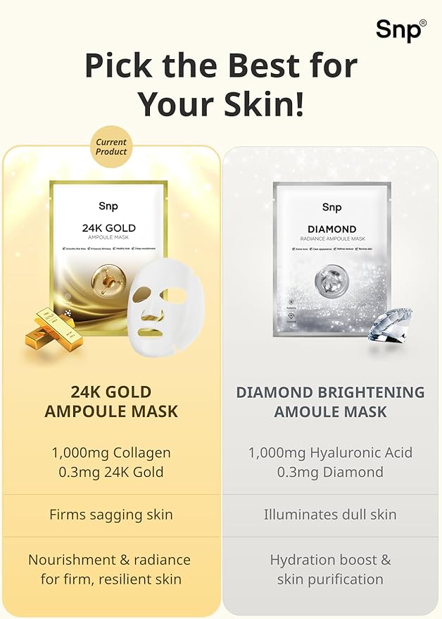 SNP 1000mg Collagen + 24K Gold Ampoule Sheet Mask | Collagen Face Masks Skincare | Tightening, Hydrating, and Nourishing | Korean Skin Care | Overnight Face Masks | Moisturizing Face Mask | 10 Sheets