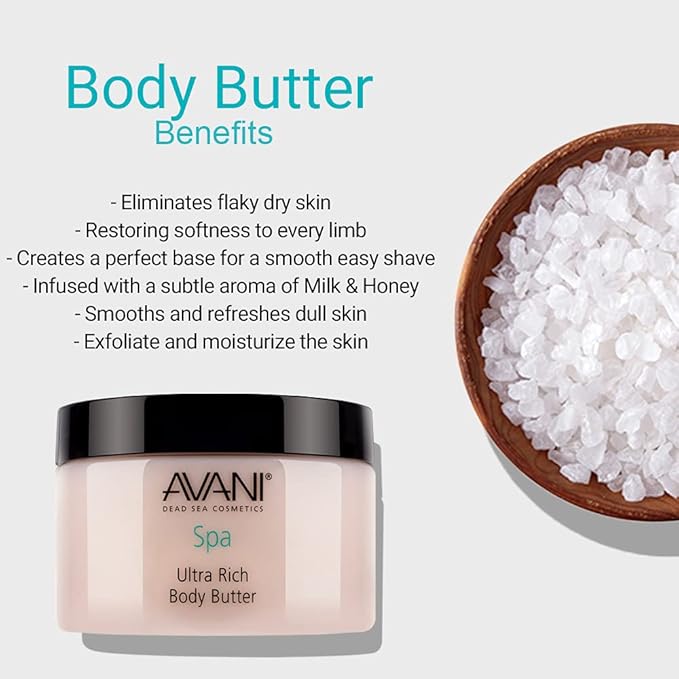 Avani Ultra Rich Body Butter - Dead Sea Salt, Aloe Vera, Vitamin E, Shea, Jojoba, Sunflower, Olive Essential Oil - Natural Butter for All Skin Types - Milk/Honey Fragrance