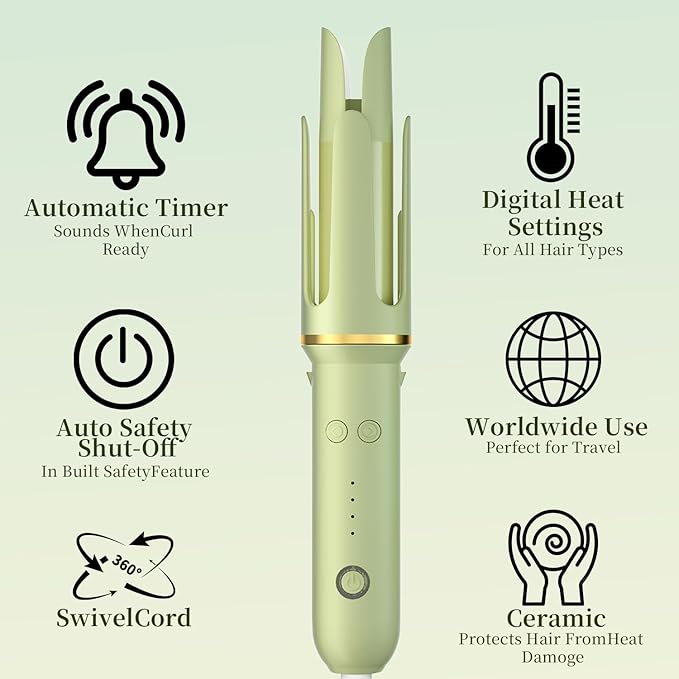 Automatic Curling Iron - Beach Waves Curling Wand with 4 Temperature, Portable Hair Curler Automatic Shut-Off, Anti-Scald, Anti-Tangle Rotating Curling Wand for Hair Styling, Elegant Green