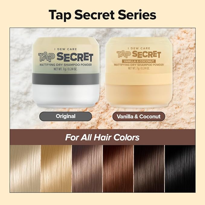 I DEW CARE Tap Secret Dry Shampoo Powder with Biotin & Korean Ginseng - Natural Non-Aerosol Dry Shampoo for Women | Warm Vanilla & Coconut Scent, Volumizing Hair, Travel Size, Stocking Stuffers 0.24Oz