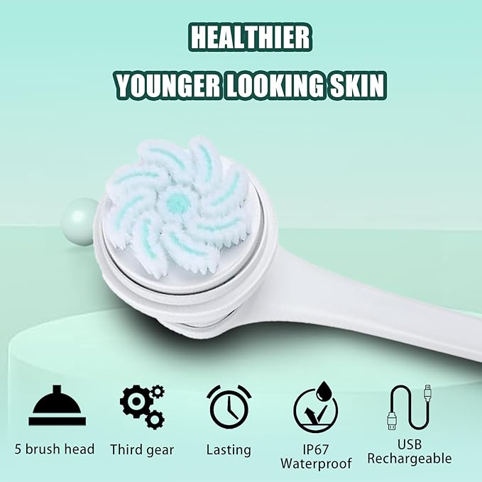 Electric Body Scrubber for Shower - Rechargeable Waterproof Exfoliating Brush with 5 Replaceable Brush Heads, Deep Cleansing & Massage, Ideal for Sensitive Skin & Back Cleanser