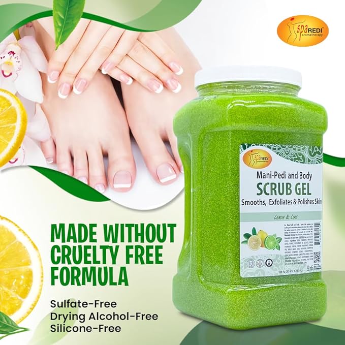 SPA REDI – Lemon & Lime Pumice Scrub Gel, Exfoliating, Hydrating & Nourishing, Infused with Hyaluronic Acid, Amino Acids, Panthenol and Comfrey Extract for Glowy Smooth Skin – 128oz Gallon