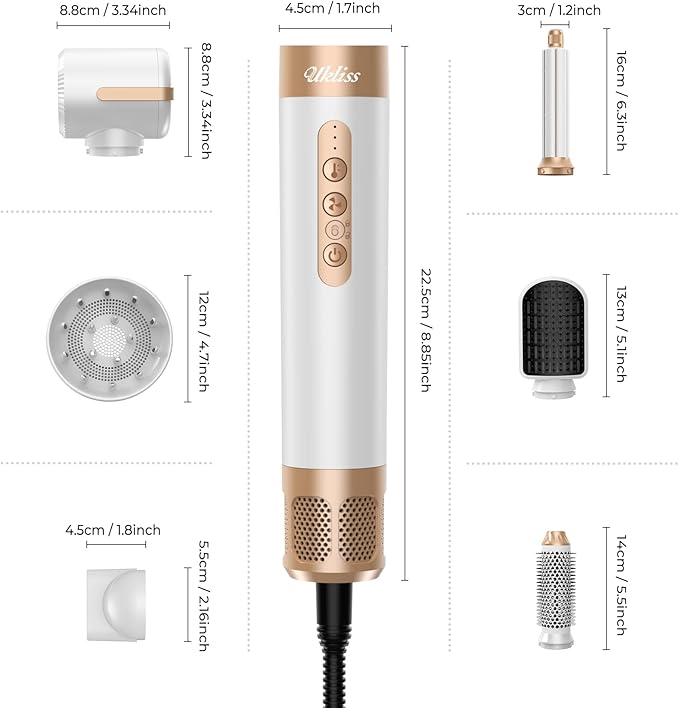 UKLISS Hair Dryer Brush 7 in 1,110000 RPM Hair Dryer with Diffuser for Curly & Twisted Hair Professional Ionic Brush Blow Dryer for Salon-Quality Styling, White Gold