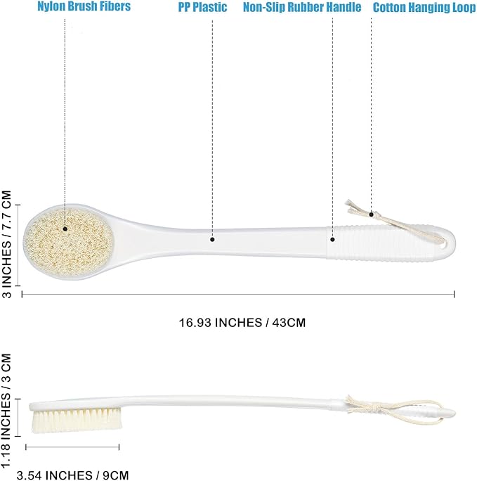 17-Inch Back Scrubber for Shower, Anti-Slip Exfoliating Body Brush for Bath, Gentle Back Brush for Shower for Men, and Women, Cleaning Skin for Smooth, Glowing Skin (White)