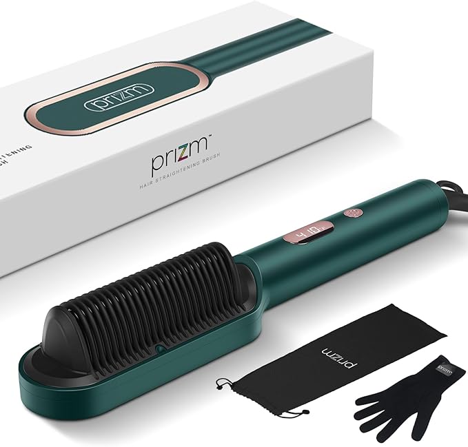Prizm Hair Straightener Brush, 20s Fast Heating, Negative Ions Hair Straightening Brush with Less Frizz, 4 Temp Settings & LED Display, Anti-Scald Design, Gift for Women, Dual Voltage, Dark Green