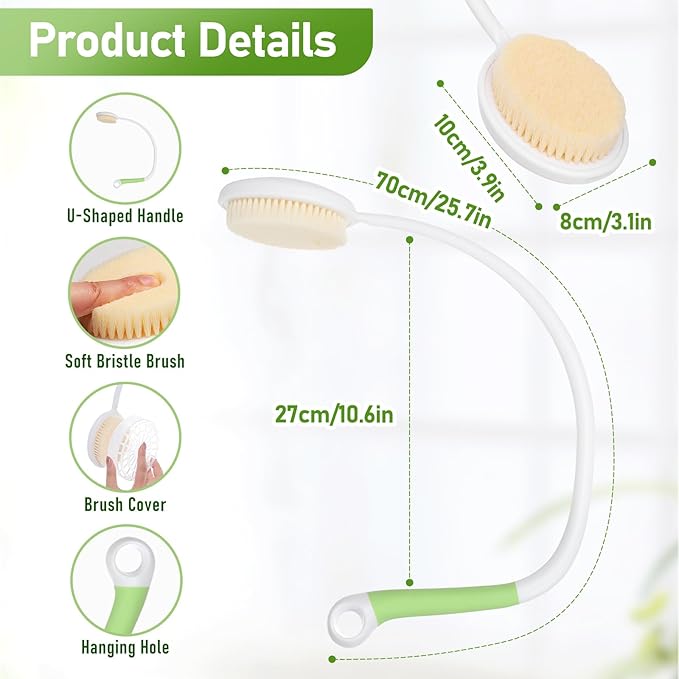 Fanwer 27.5โ Back Bath Brush Long Handle for Shower and Silicone Body Scrubber, Shower Back Scrubber with Curved Handle for Elderly, Disabled, Limited Mobility, Post-Surgery, Frozen Shoulder