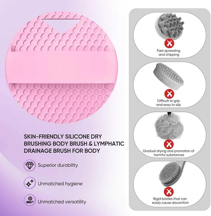 Silicone Body Scrubber - Anti Zinc Infused-Stiff and Soft Bristles,Exfoliating Body Wash Scrubber,Loofah Shower Scrubber for Body,Lymphatic Drainage,Blood Circulation and Lather Well- Pink