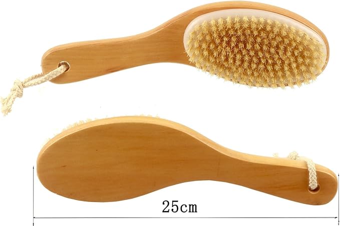 Curved Handle Dry Bath Body Brush Scrubber with Natural Bristles, 9.84 Inch Wood or Bamboo Handle Shower Brush for Detox, Exfoliating, Cellulite, etc. (Brown Horsehair Wood Handle)