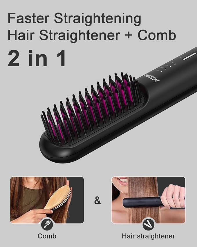 Rechargeable Hair Straightener Brush - 6400mAh Large Capacity Battery - Portable Straightening Brush Comb - Mini Cordless Ionic Straightener for Women - Great for Travel & Home