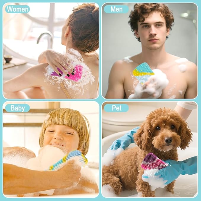 Silicone Body Scrubber, 2 in 1 Soft Silicone Loofah 2 Pack Exfoliating Body Scrubber Loofah for Women Men,Body Scrubber Shower Bath Shampoo Brush with Loop for Sensitive Skin Lather Well,Purple&Yellow