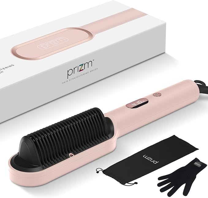 Prizm Hair Straightener Brush, 20s Fast Heating, Negative Ions Hair Straightening Brush with Less Frizz, 4 Temp Settings & LED Display, Anti-Scald Design, Gift for Women, Dual Voltage, Pink