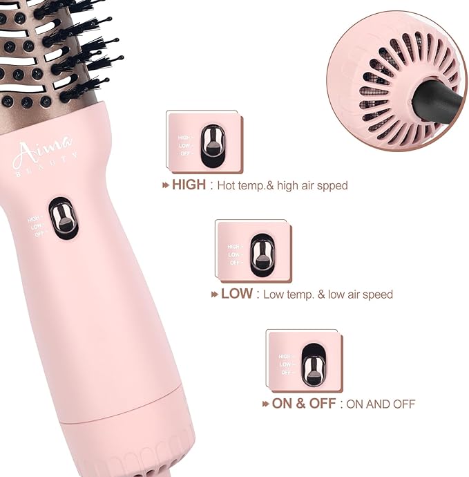 Aima Beauty Worldwide Travel Hair Dryer Brush 110V-240V Dual Voltage Blow Dryer Brush Hot Air Brush with Oval Barrel 360° Hot Airflow, Negative Ionic Frizz-Free Drying/Straightening/Voluming, Pink