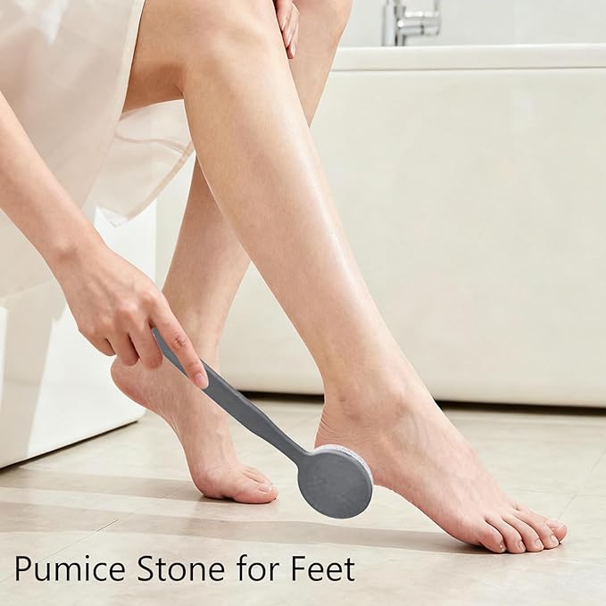 Pumice Stone for Feet with Long Handle 13.7", Hard Skin Callus Remover, Scrubber and Exfoliator for Dead Dry Skin, Softer & Smoother Feet, Pedicure Tool (Curved),Grey