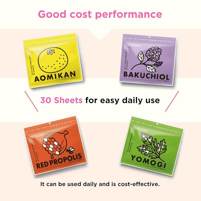 YOMOGI Daily Moisture Sheet Mask 30 Sheets | Mugwort-Infused Soothing Mask for Sensitive Skin | Made in Japan | Hydrating & Balancing