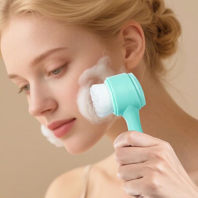 Face Brush 2 in 1, Facial Cleansing Exfoliating Scrubber Brush, Silicone Double Side Manual Face Wash Scrub Brush with Soft Fiber for Deep Pore Cleansing, Massaging, Skin Care,Green