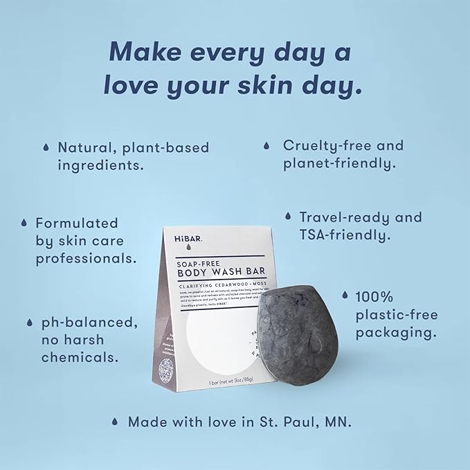 HIBAR - Clarify Solid Body Wash Bar - Detoxify & Purify - With Activated Charcoal & Salicylic Acid - Daily Use & Sensitive Skin - Plastic, Paraben & Soap-Free - Vegan - Cedarwood + Moss
