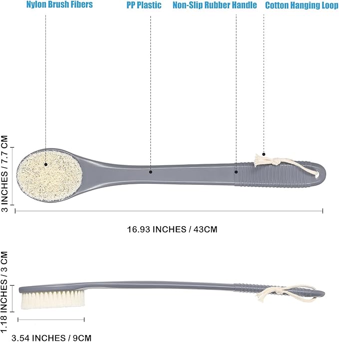 17-Inch Back Scrubber for Shower, Anti-Slip Exfoliating Body Brush for Bath, Gentle Back Brush for Shower for Men, and Women, Cleaning Skin for Smooth, Glowing Skin (Grey)