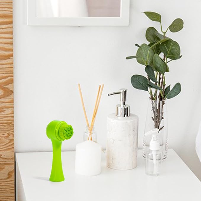 Face Brush 2 in 1, Silicone Facial Cleansing Exfoliating Brush Soft Bristles Pore Deep Cleansing Manual Dual Face Wash Scrub Brush for Massaging, Makeup Skincare Removal, Fluorescent Green