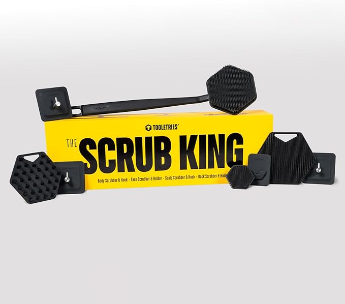 TOOLETRIES The Scrub King - Men's Silicone Body and Face Scrubber Set - Back Scrubber for Shower, Body Scrubbers, Storage Hooks, & Face Brush Holder - Shower Accessories for Men - Charcoal