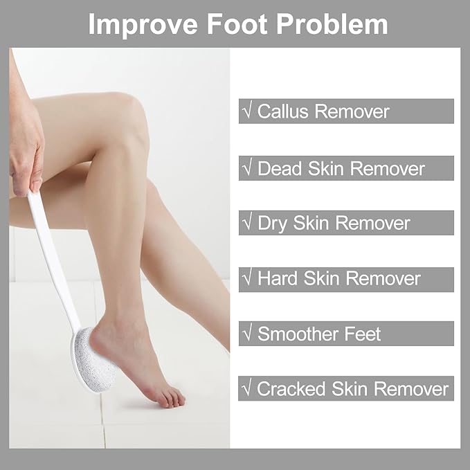 Pumice Stone for Feet with Long Handle, 2 Pack Hard Skin Callus Remover, Scrubber and Exfoliator for Dead Dry Skin, Softer & Smoother Feet, Pedicure Tool (Curved)