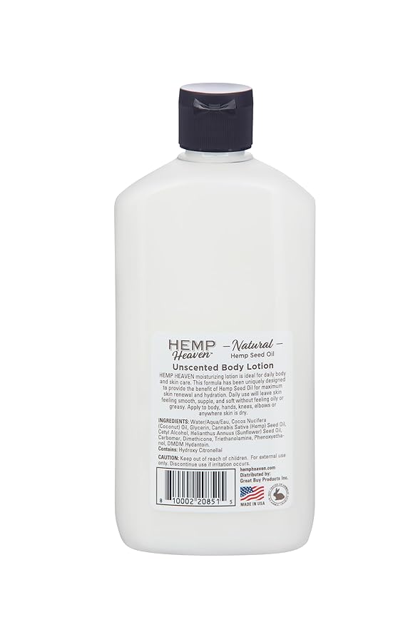 Hemp Heaven Hemp Lotion - Lotion Unscented Scent - Natural Hemp Seed Oil, Paraben-Free, 12 oz, Made in USA, Nourishing for Men & Women, EWG Verified, Anti-Aging
