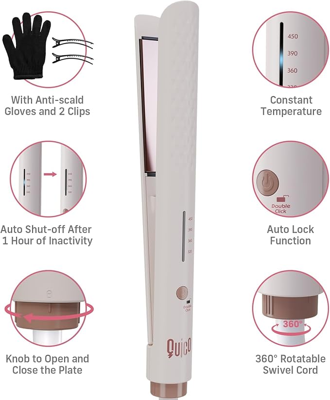 Quico Hair Straightener, 110-240V Global Travel Hair Straighteners for Women, 15s Fast Heating, Professional Negative Ion Flat Iron, Temp Memory, 320ā-450ā, Auto-Off, with Glove and Clips, Gift, Pink