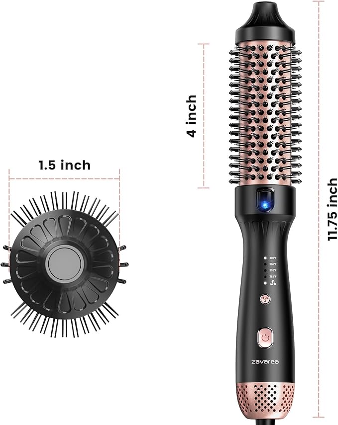 zavarea Thermal Brush, 1.5 Inch Heated Round Curling Brush, 800M Negative Ions Ceramic Stylers for Less Frizz, 4 Temp Set, Dual Voltage for Travel, Easy Use Boosts Shine