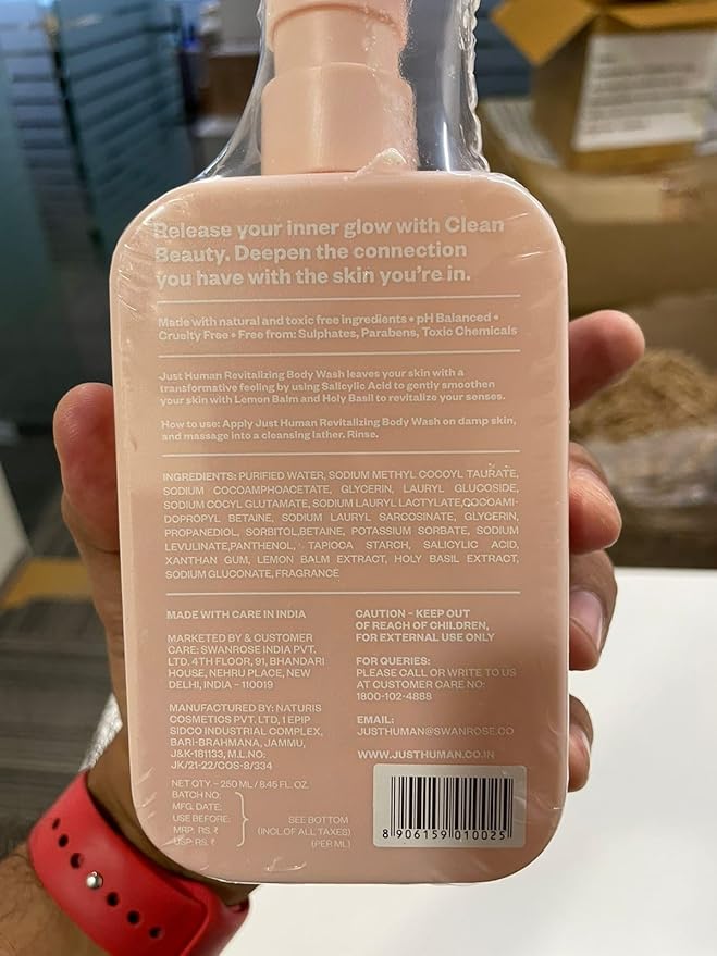 JustHuman Revitalizing Body Wash Lemon Balm and Holy Basil pH Balanced -Brightening Moisturizing and Nourishing Shower Gel For Men and Women | Paraben Free Sulphate Free | 8 oz Pack of 1