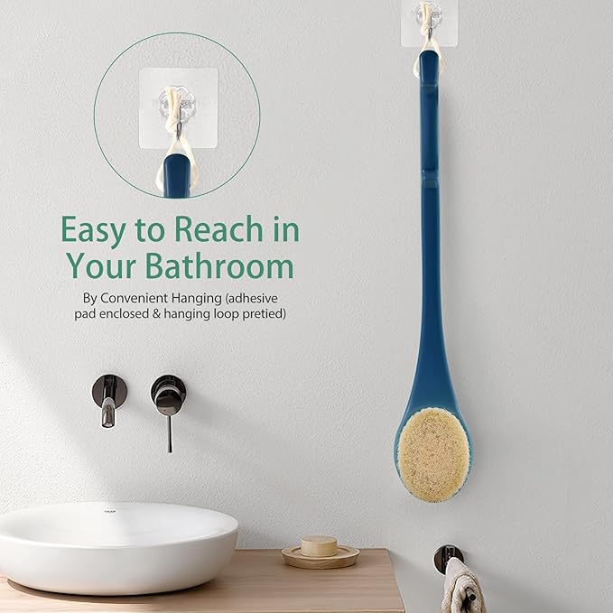 Back Scrubber for Shower, 17-Inch Shower Brush for Men and Women, Long Handle Exfoliating Body Brush, Medium Bristle Stiffness for Dry or Wet Brushing (Navy Blue)