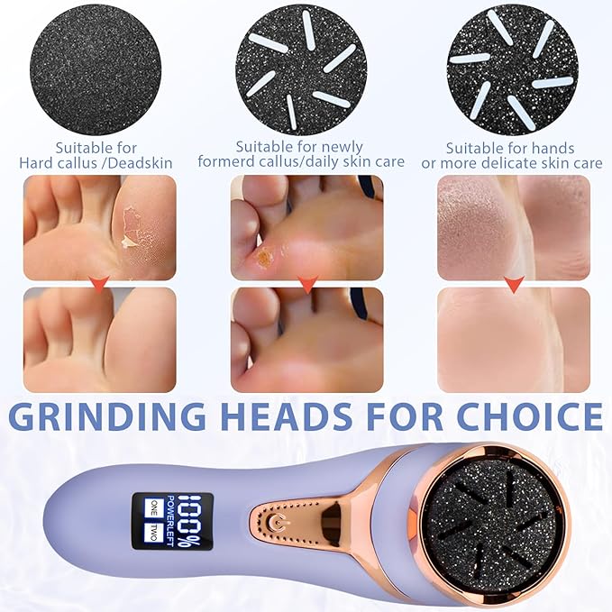 Callus Remover for Feet (with Dander Vacuum), Portable Pedicure Kit Foot File Callus Remover, Rechargeable Waterproof Foot File for Foot Care Deadskin Remover with 3Head&LCD Display, Purple