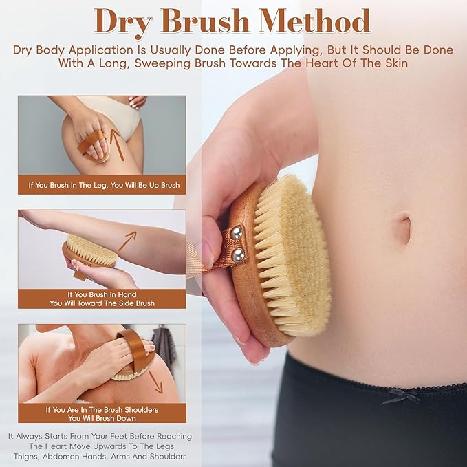 Dry Brushing Body Brush - Natural Boar Bristle Dry Body Brush for Lymphatic Drainage, Cellulite, Blood(Medium Hardness)